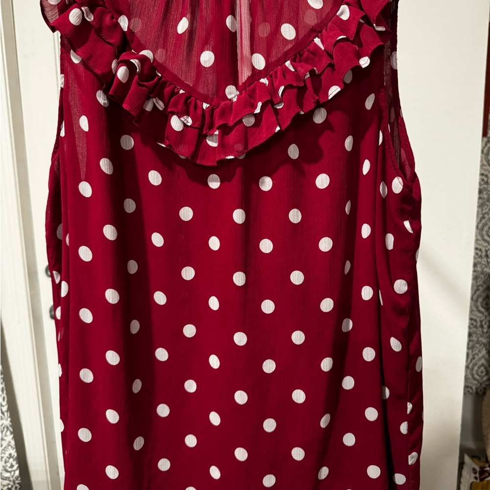 Flowy polka dot dressy tank size 2, high neck with button closure in back